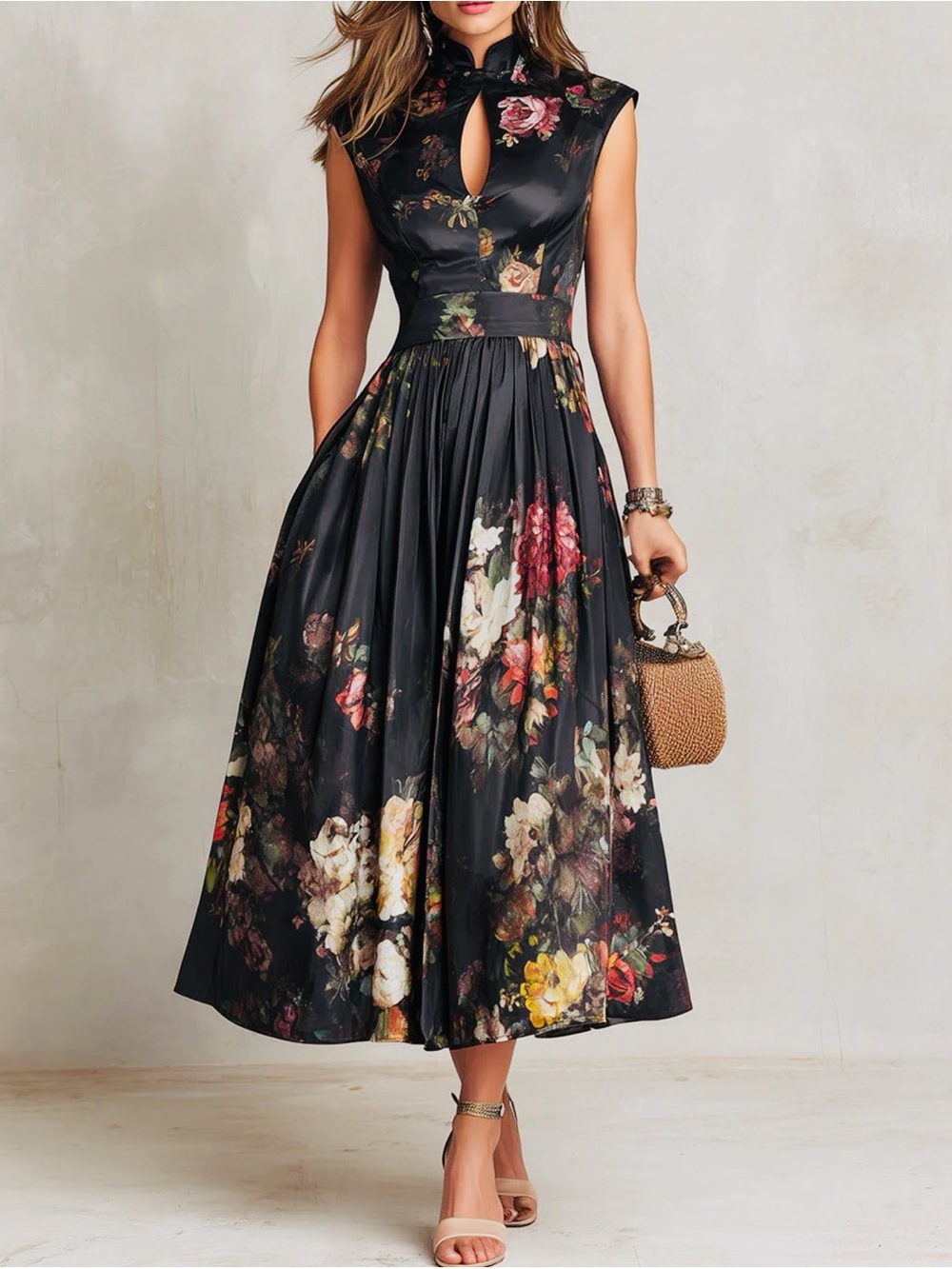 Floral Midi Fit & Flare Dress in Black